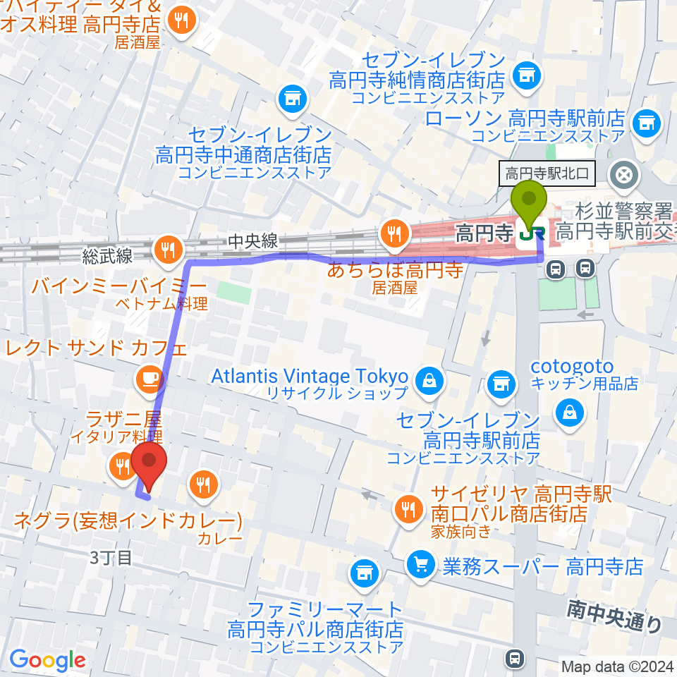 高円寺Knockの最寄駅高円寺駅からの徒歩ルート（約5分）地図