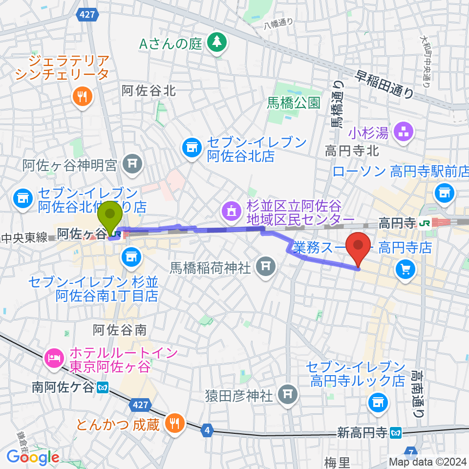 阿佐ケ谷駅から高円寺Knockへのルートマップ地図