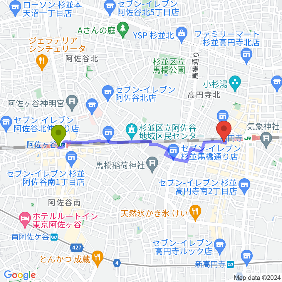 阿佐ケ谷駅から[移転]高円寺円盤へのルートマップ地図