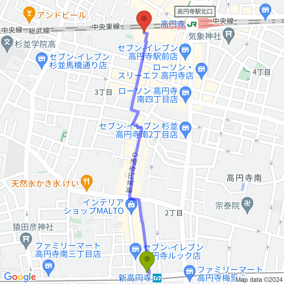 新高円寺駅から[移転]高円寺円盤へのルートマップ地図