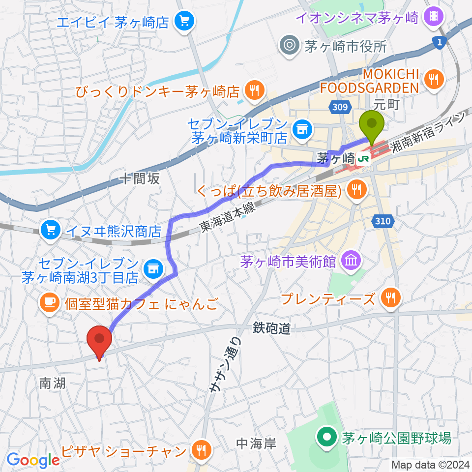 内田音楽教室の最寄駅茅ケ崎駅からの徒歩ルート（約23分）地図