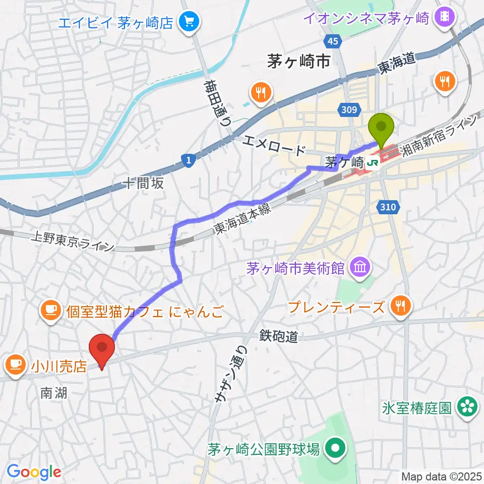 内田音楽教室の最寄駅茅ケ崎駅からの徒歩ルート（約23分）地図
