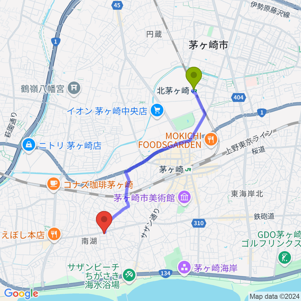 北茅ケ崎駅から内田音楽教室へのルートマップ地図