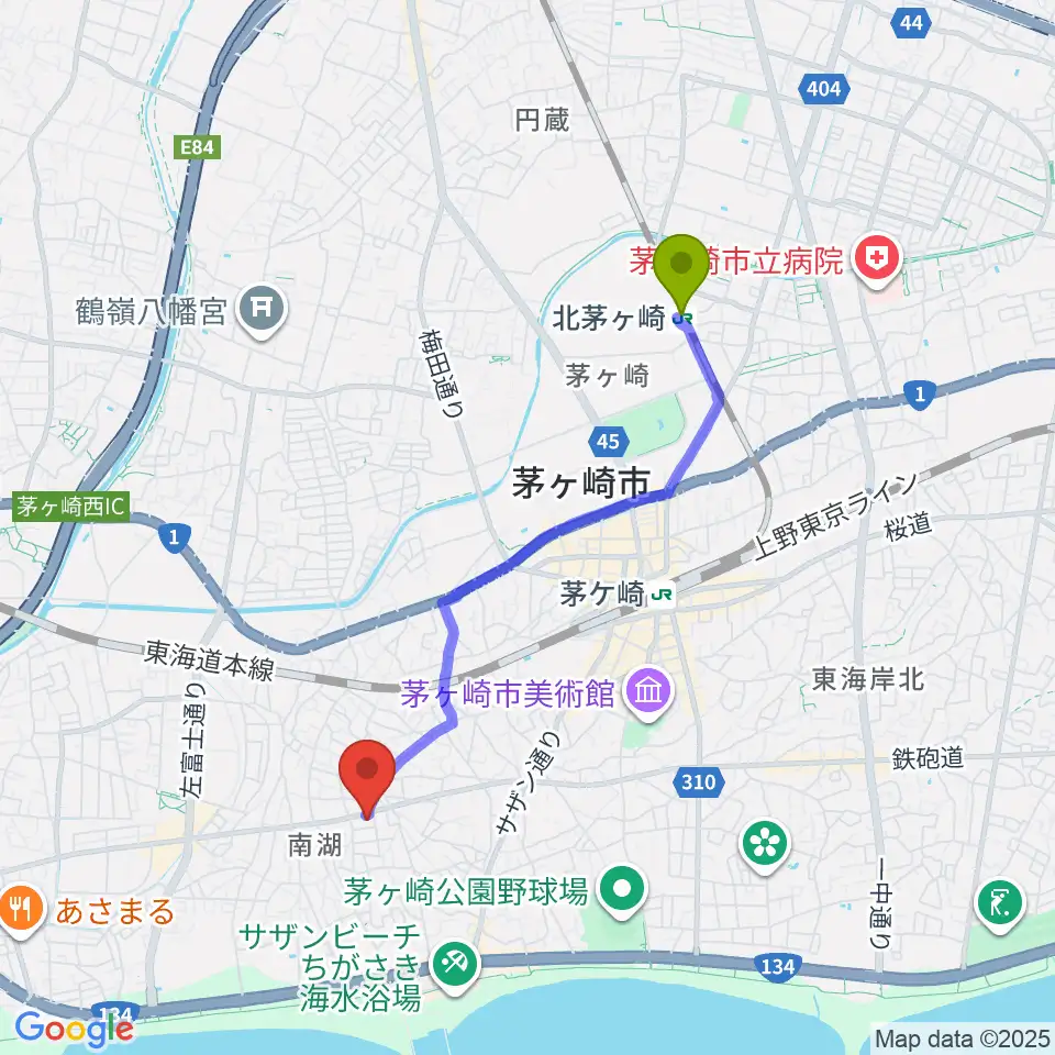 北茅ケ崎駅から内田音楽教室へのルートマップ地図