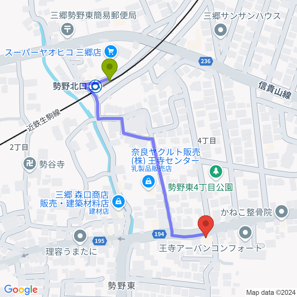 さかぐちまきこ音楽教室の最寄駅勢野北口駅からの徒歩ルート（約5分）地図