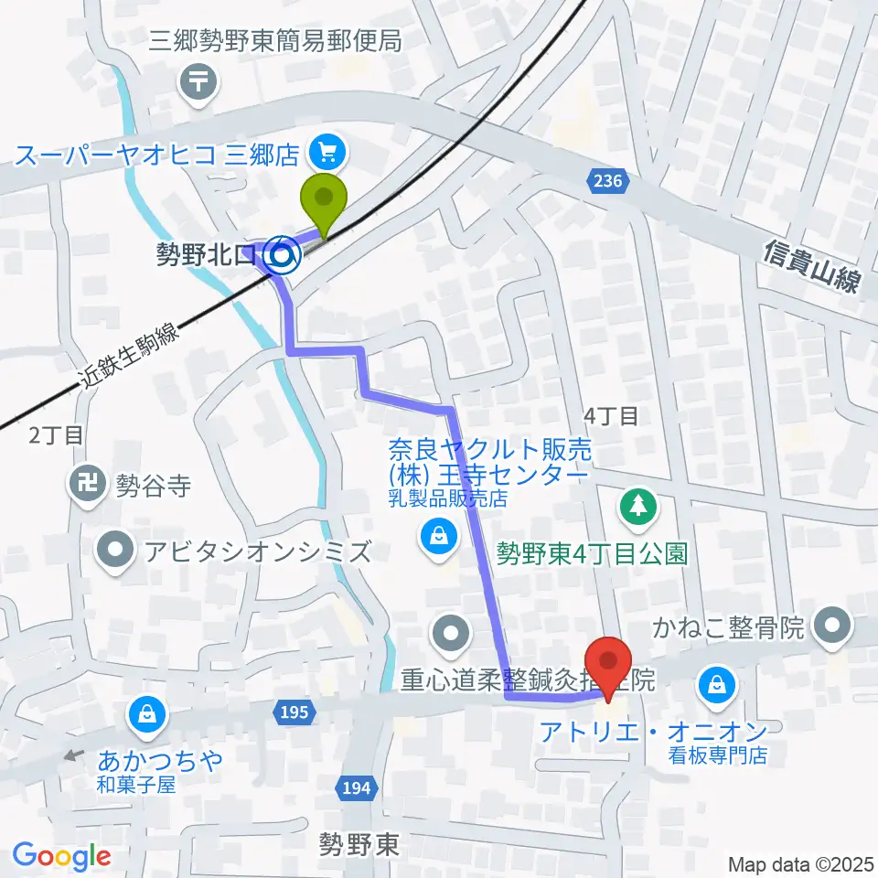 さかぐちまきこ音楽教室の最寄駅勢野北口駅からの徒歩ルート（約5分）地図
