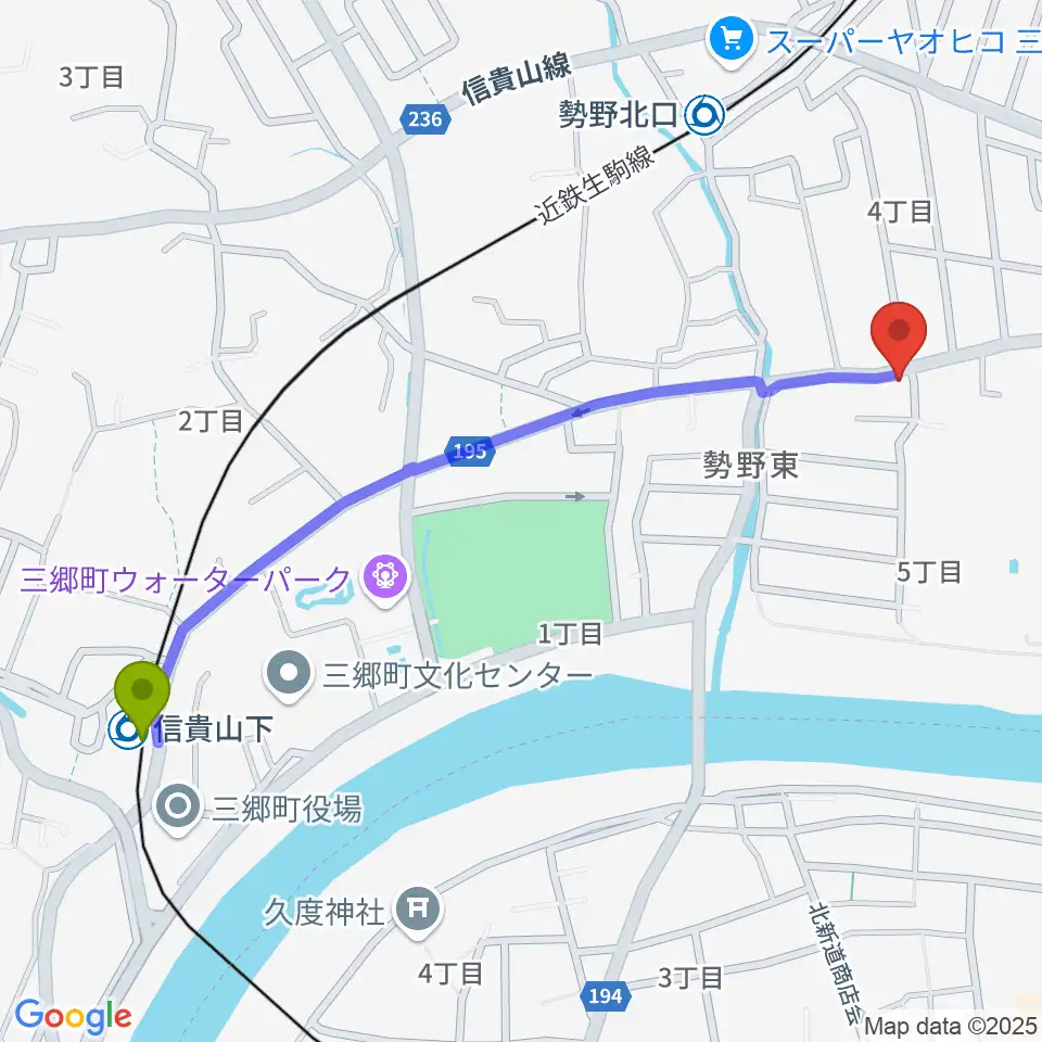 信貴山下駅からさかぐちまきこ音楽教室へのルートマップ地図