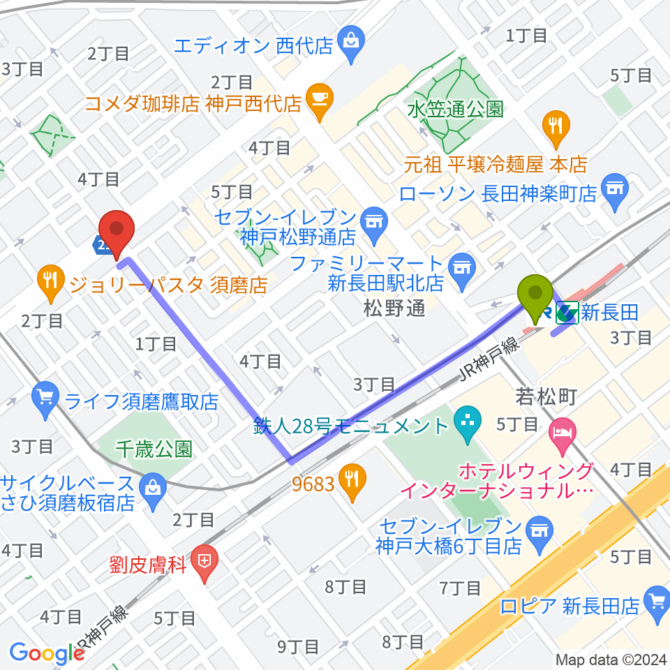 新長田駅からKOBEらぼポルカへのルートマップ地図