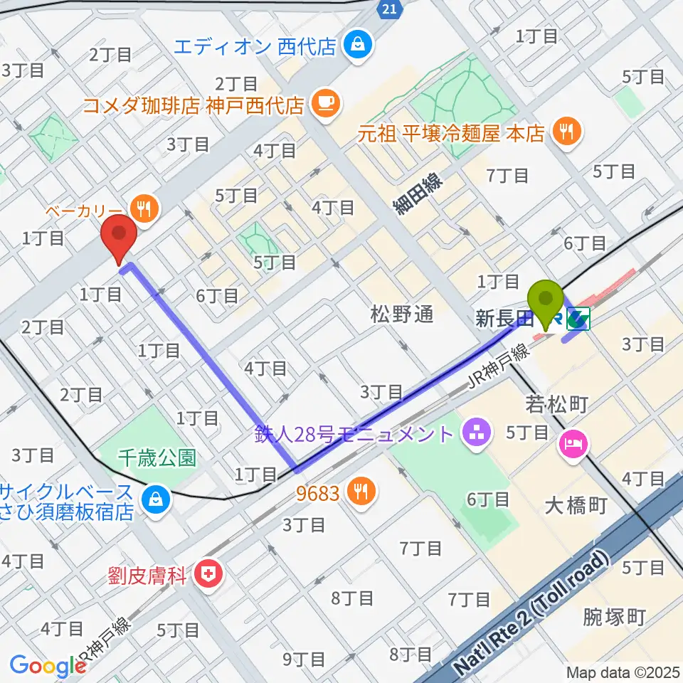 新長田駅からKOBEらぼポルカへのルートマップ地図