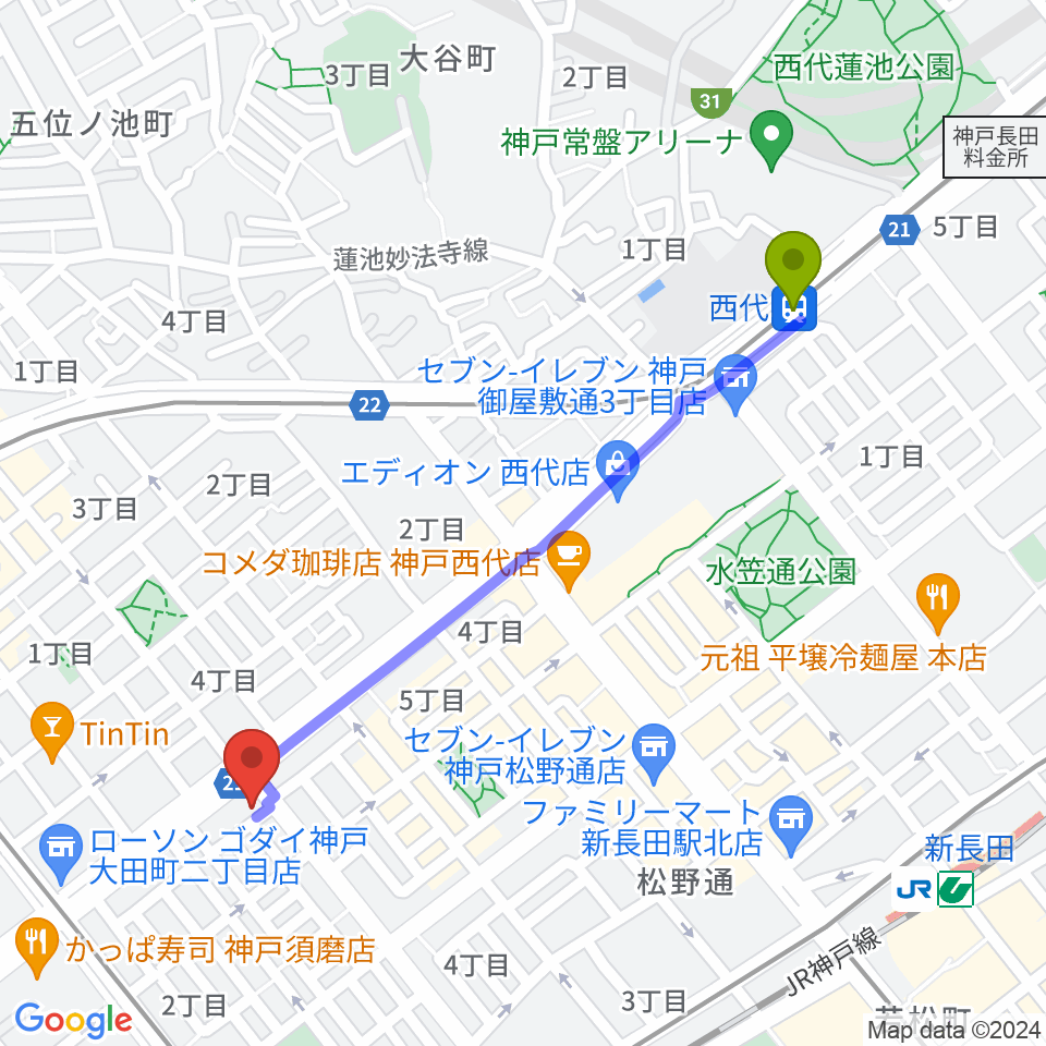 西代駅からKOBEらぼポルカへのルートマップ地図
