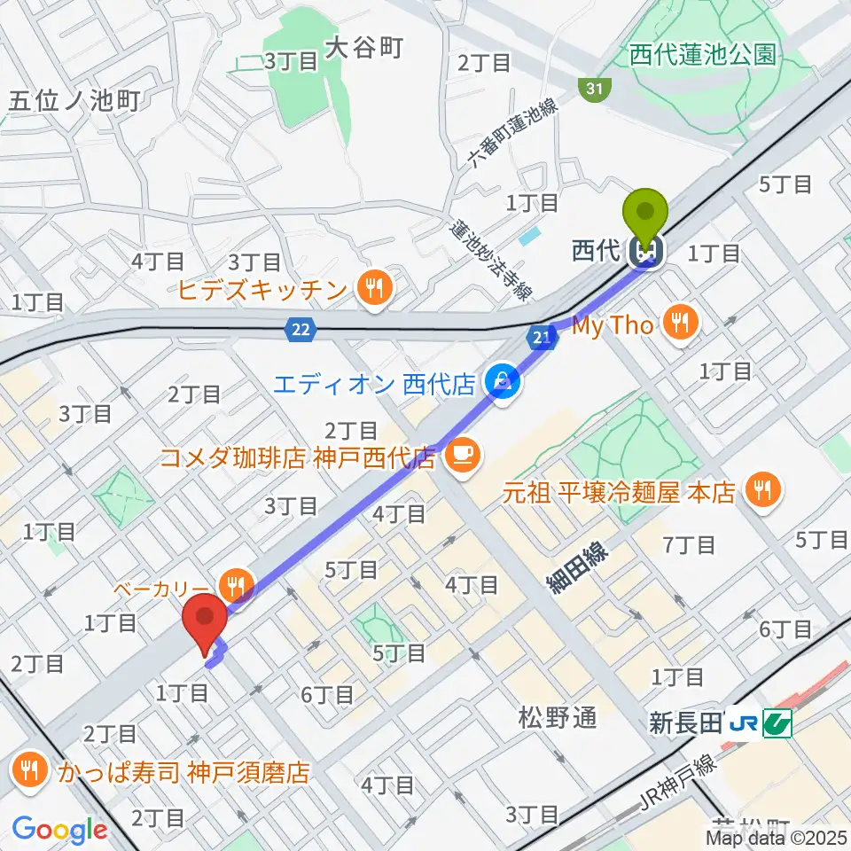 西代駅からKOBEらぼポルカへのルートマップ地図