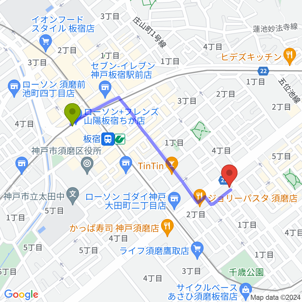 KOBEらぼポルカの最寄駅板宿駅からの徒歩ルート（約9分）地図