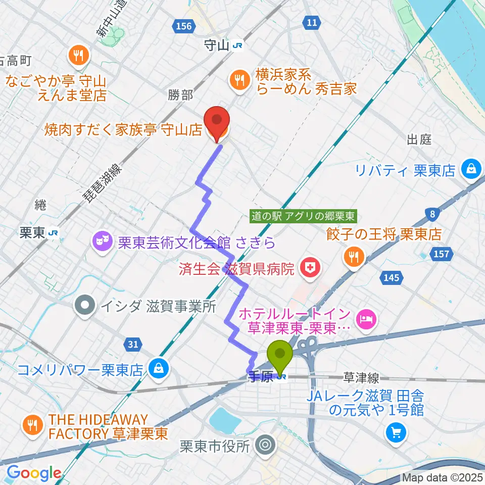 手原駅から守山ギター道場へのルートマップ地図