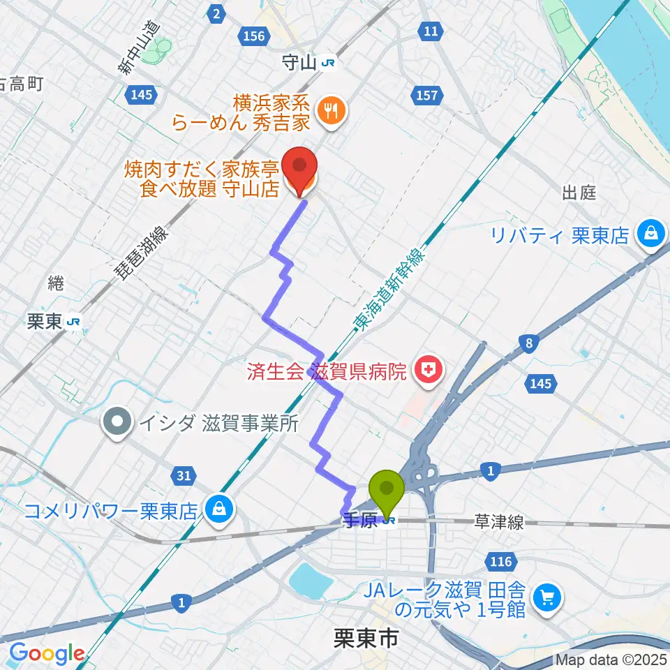 手原駅から守山ギター道場へのルートマップ地図