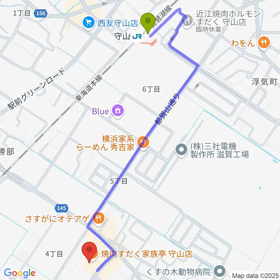 守山ギター道場の最寄駅守山駅からの徒歩ルート（約13分）地図