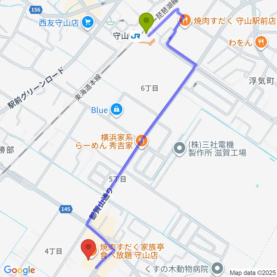 守山ギター道場の最寄駅守山駅からの徒歩ルート（約13分）地図