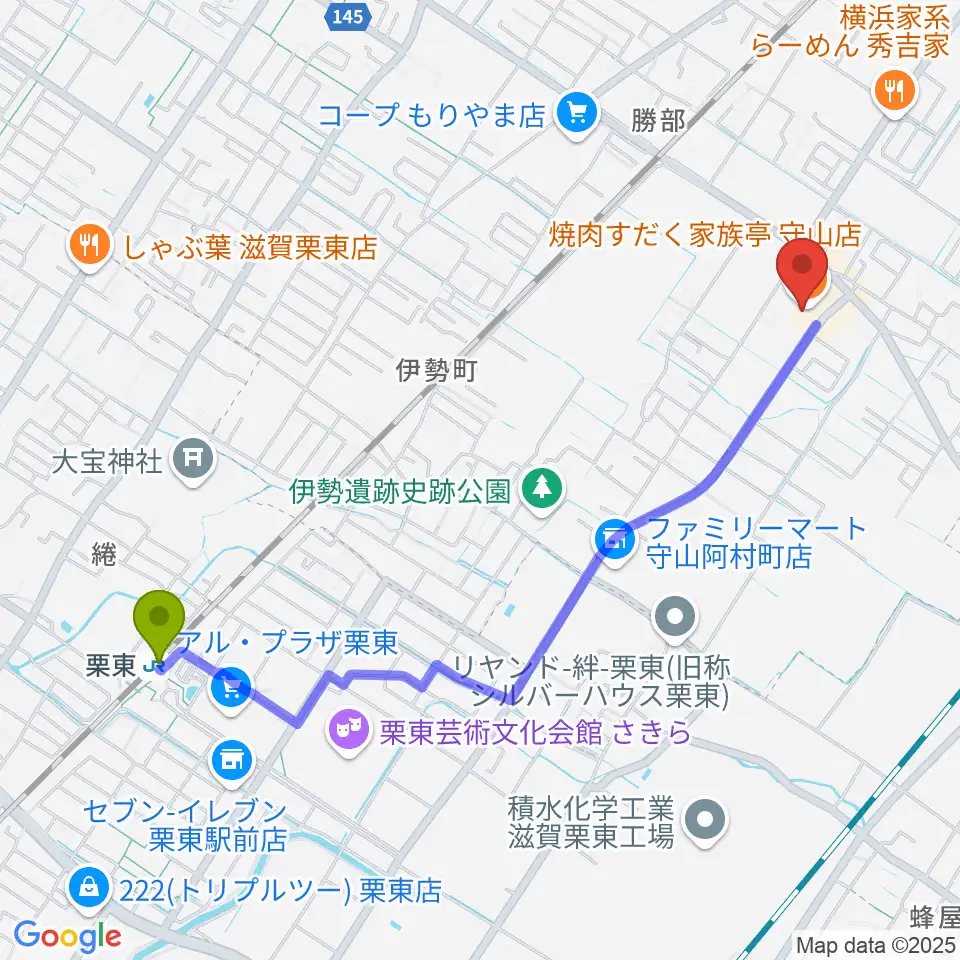 栗東駅から守山ギター道場へのルートマップ地図