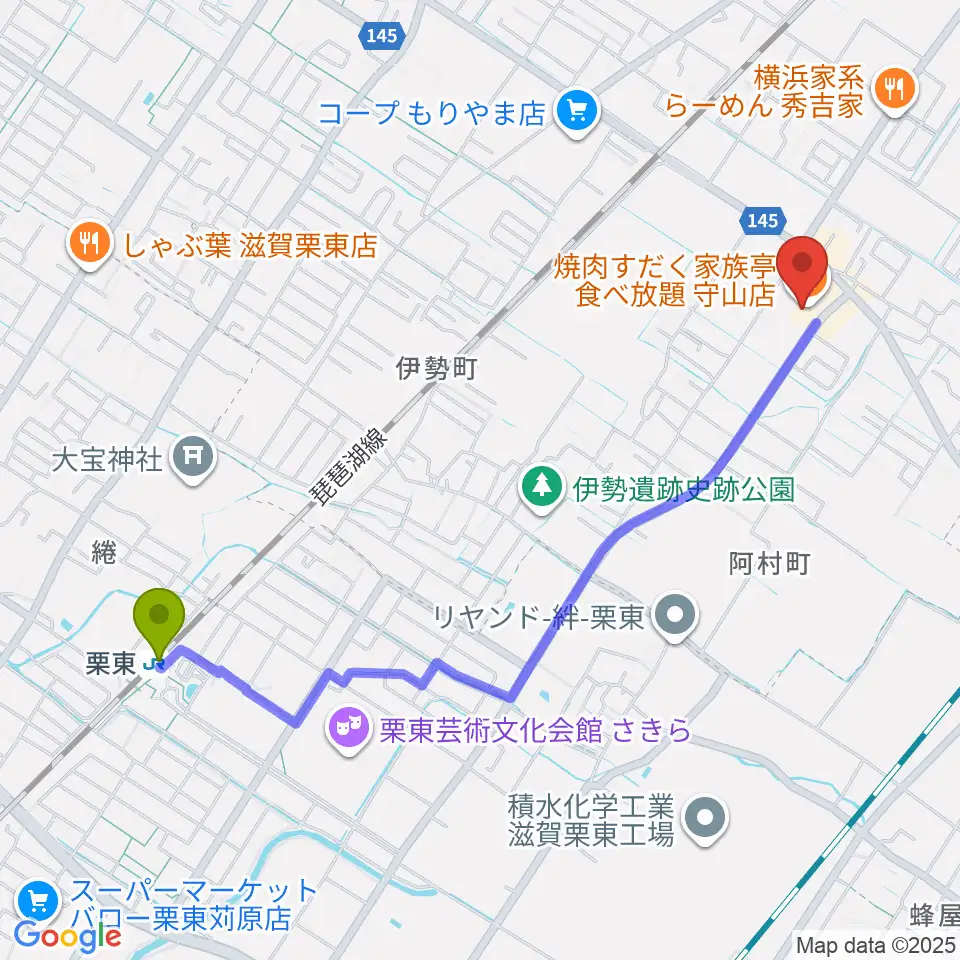 栗東駅から守山ギター道場へのルートマップ地図