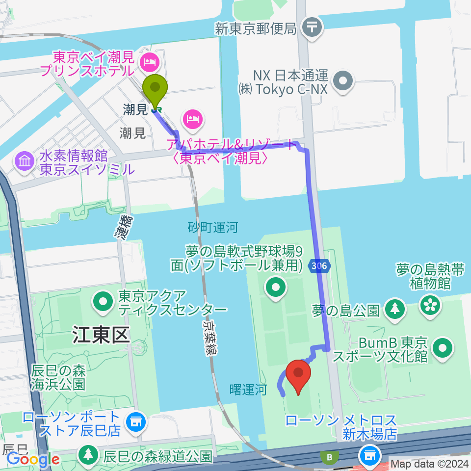 潮見駅から江東区夢の島競技場へのルートマップ地図