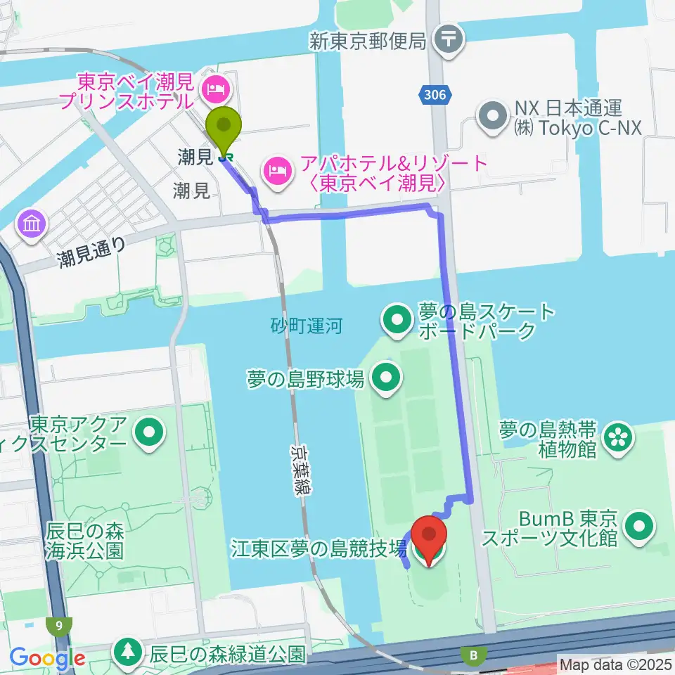 潮見駅から江東区夢の島競技場へのルートマップ地図