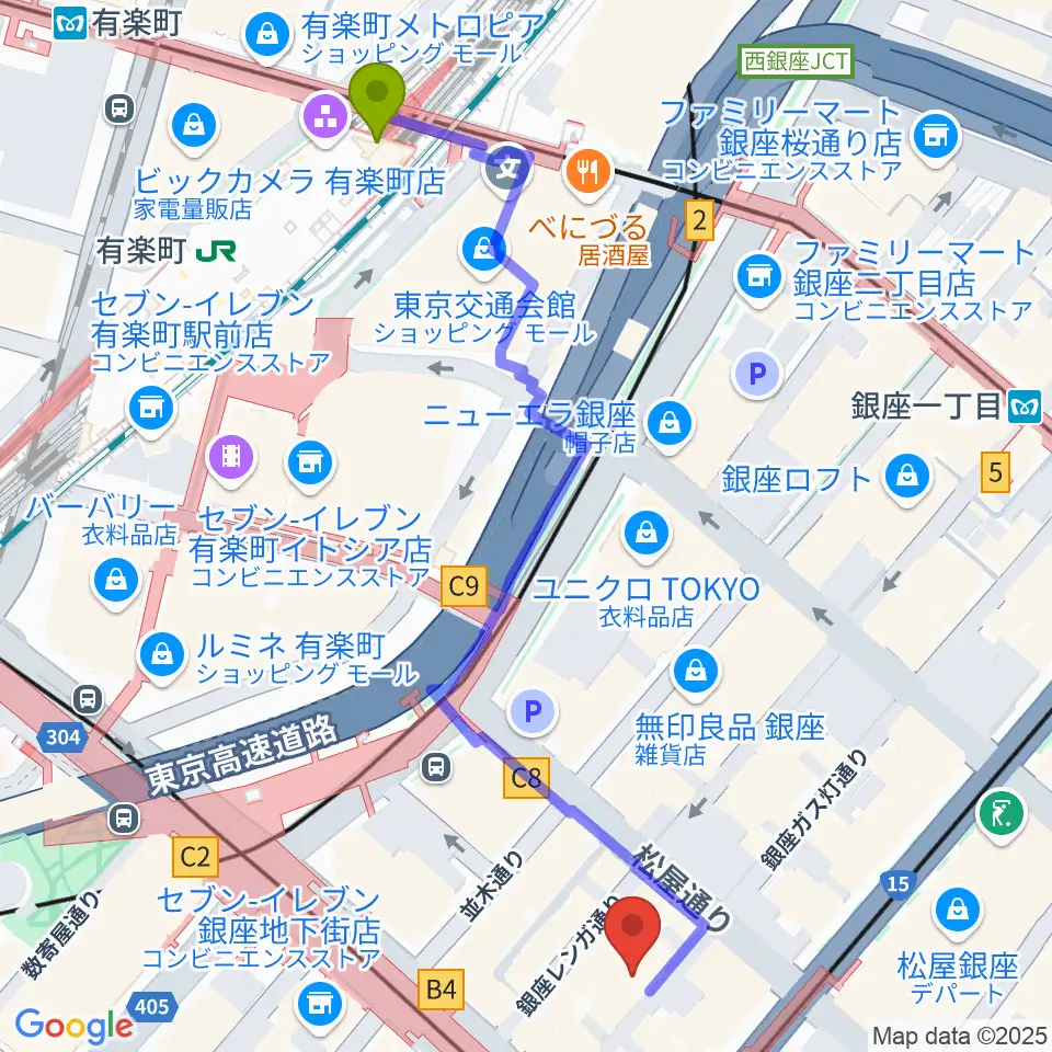 有楽町駅からシネスイッチ銀座へのルートマップ地図