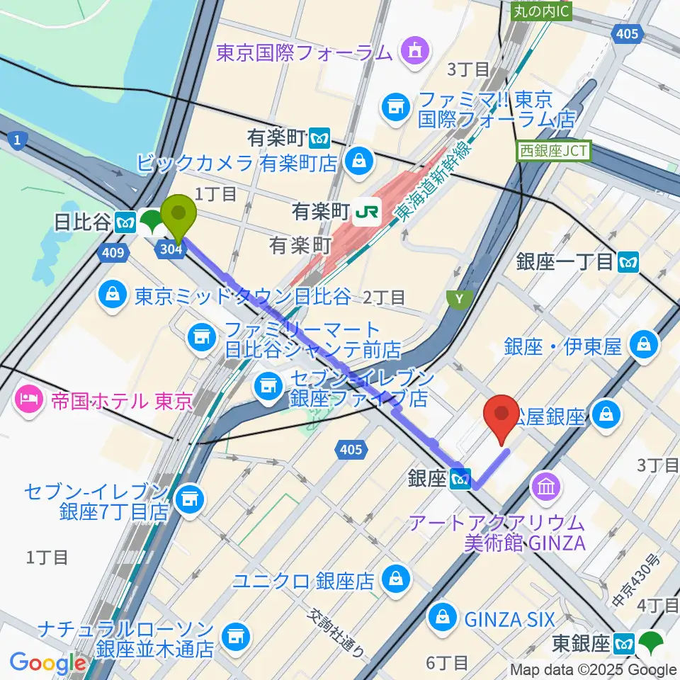 日比谷駅からシネスイッチ銀座へのルートマップ地図