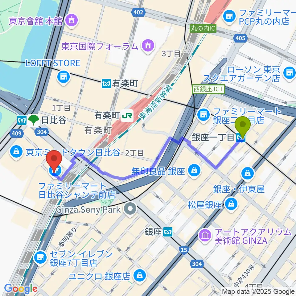 銀座一丁目駅からTOHOシネマズシャンテへのルートマップ地図