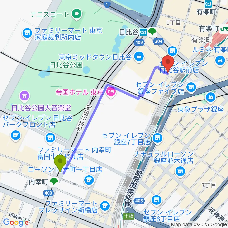 内幸町駅からTOHOシネマズシャンテへのルートマップ地図