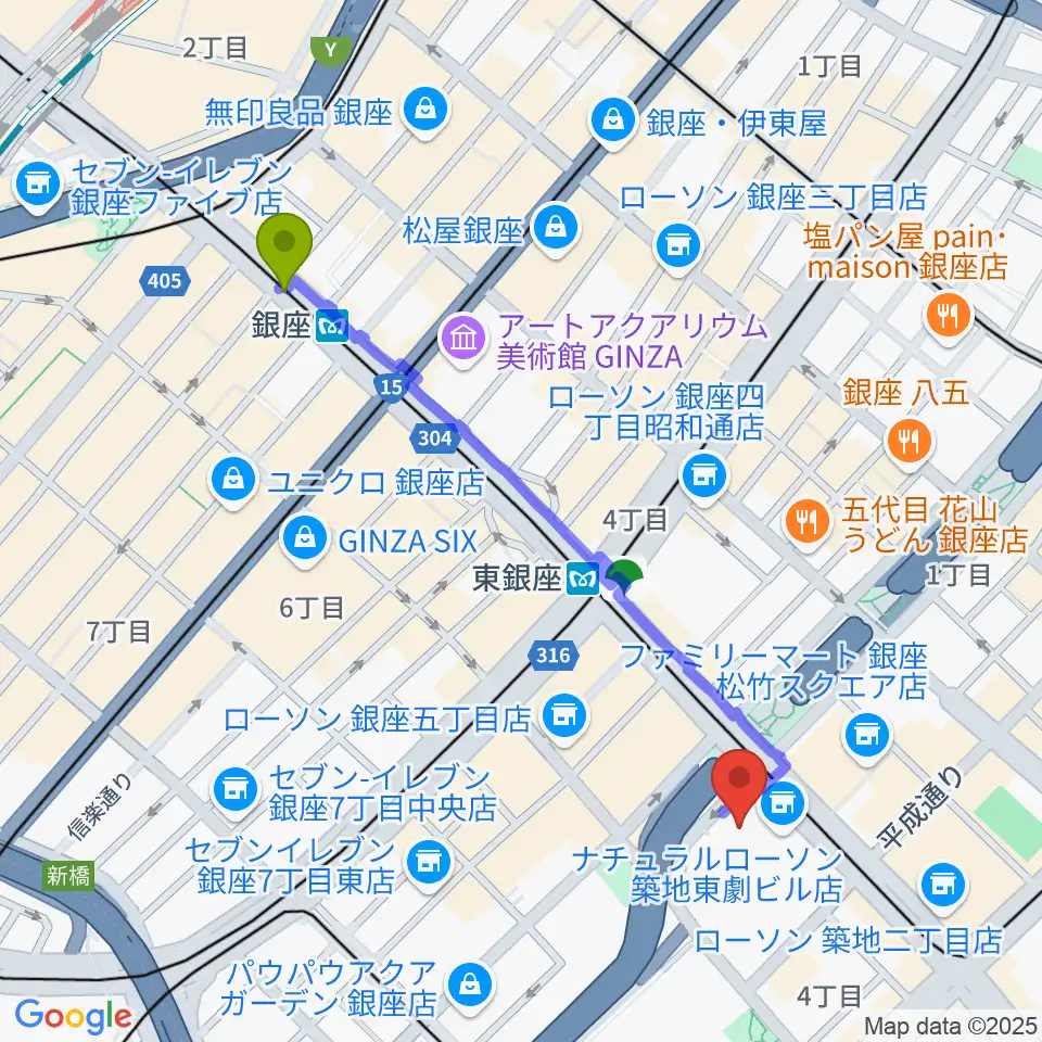銀座駅から東劇へのルートマップ地図