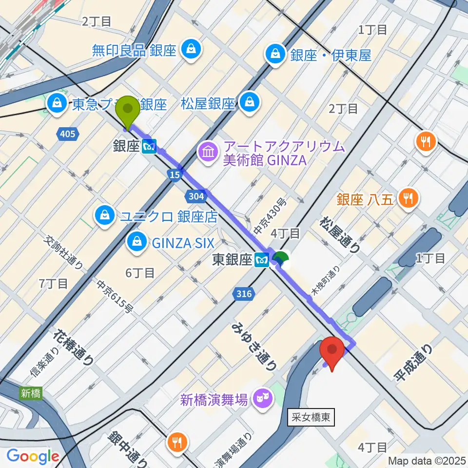 銀座駅から東劇へのルートマップ地図