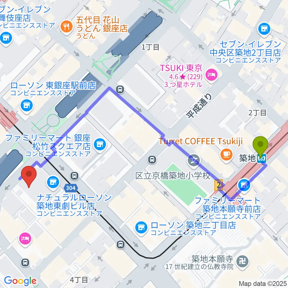 築地駅から東劇へのルートマップ地図