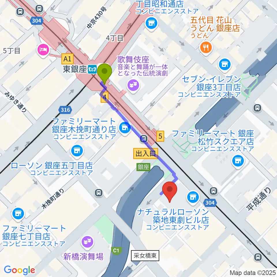 東劇の最寄駅東銀座駅からの徒歩ルート（約4分）地図