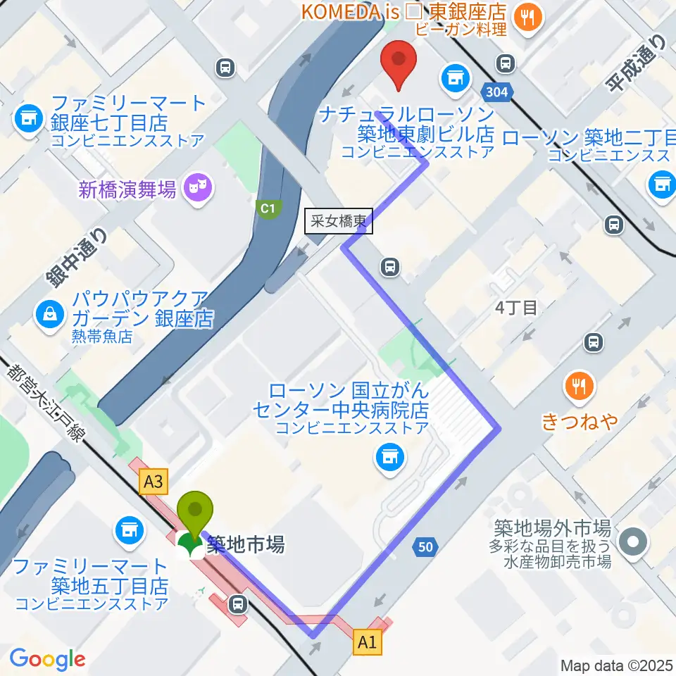 築地市場駅から東劇へのルートマップ地図