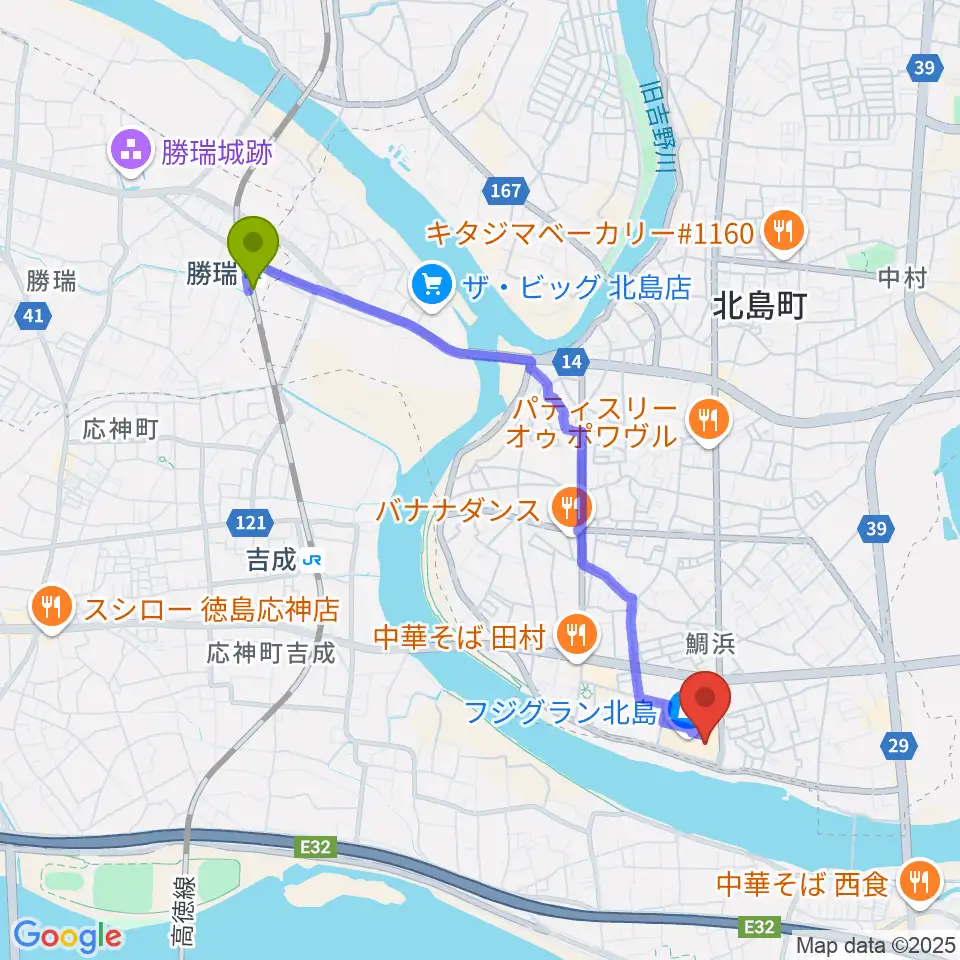 勝瑞駅からシネマサンシャイン北島へのルートマップ地図