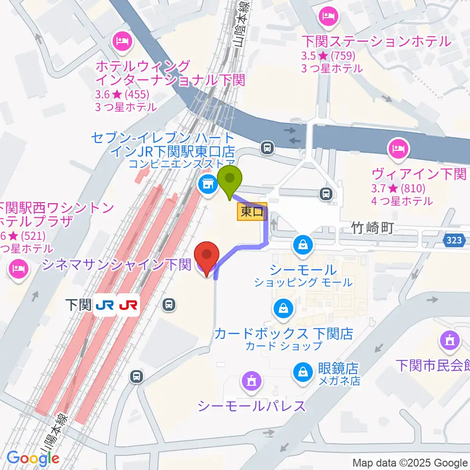 シネマサンシャイン下関の最寄駅下関駅からの徒歩ルート（約1分）地図