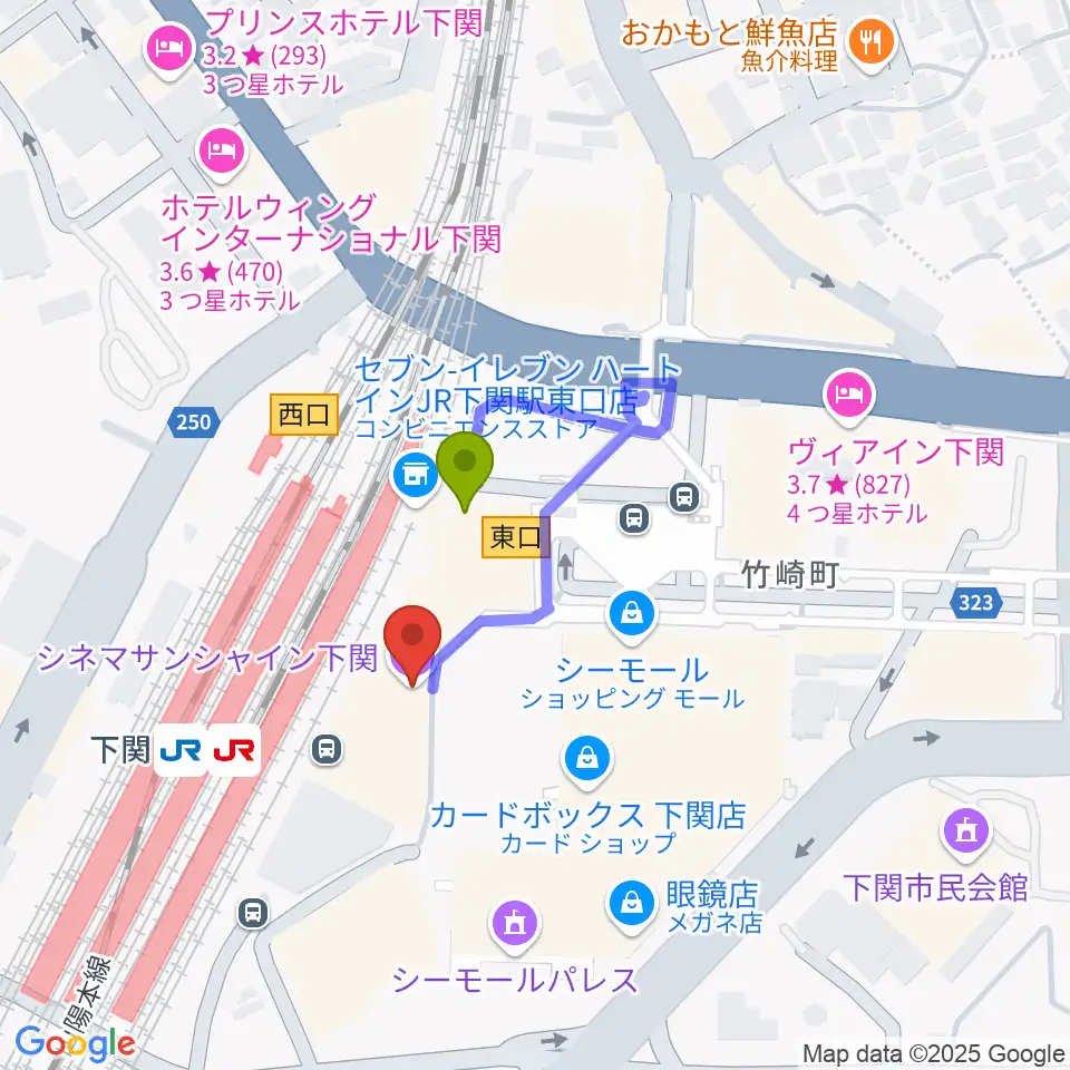 シネマサンシャイン下関の最寄駅下関駅からの徒歩ルート（約1分）地図