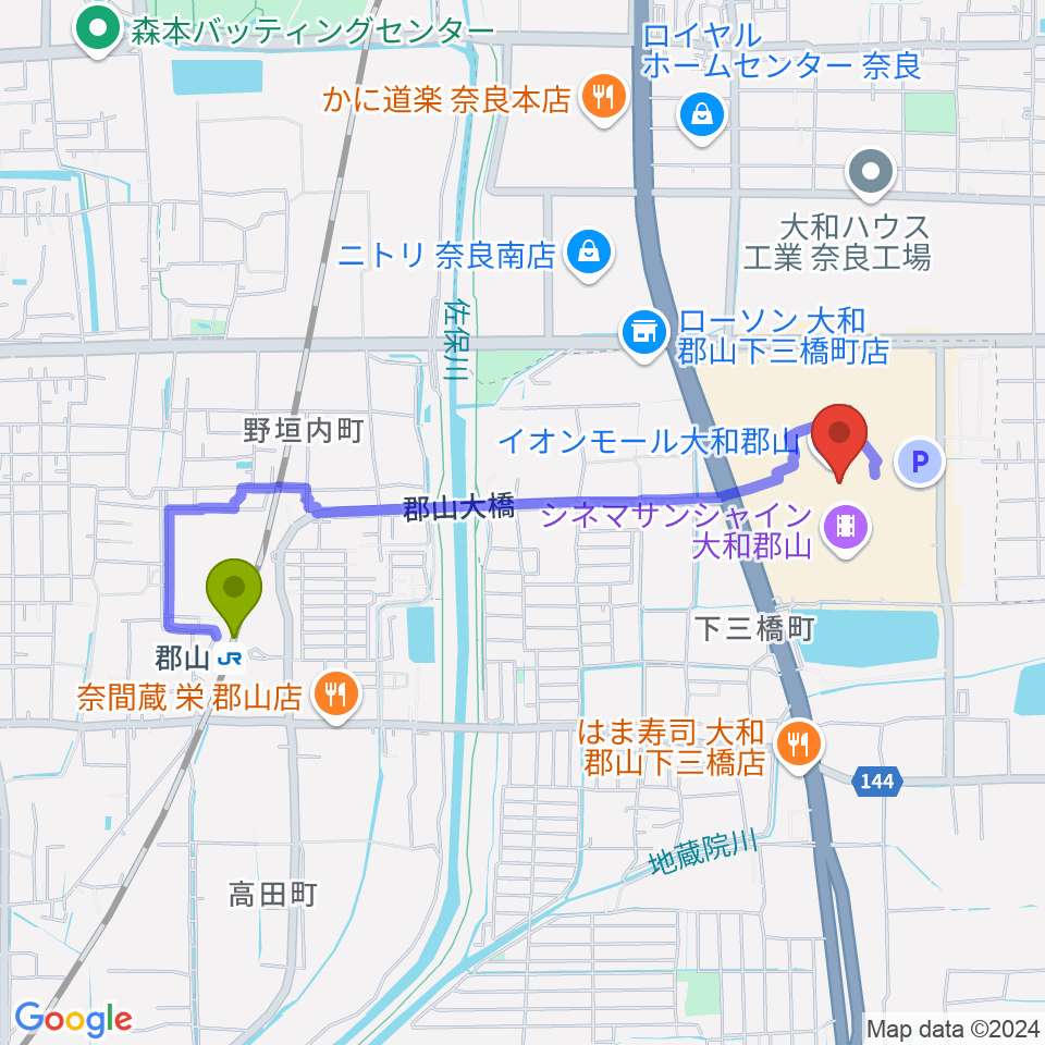 シネマサンシャイン大和郡山の最寄駅郡山駅からの徒歩ルート（約19分）地図