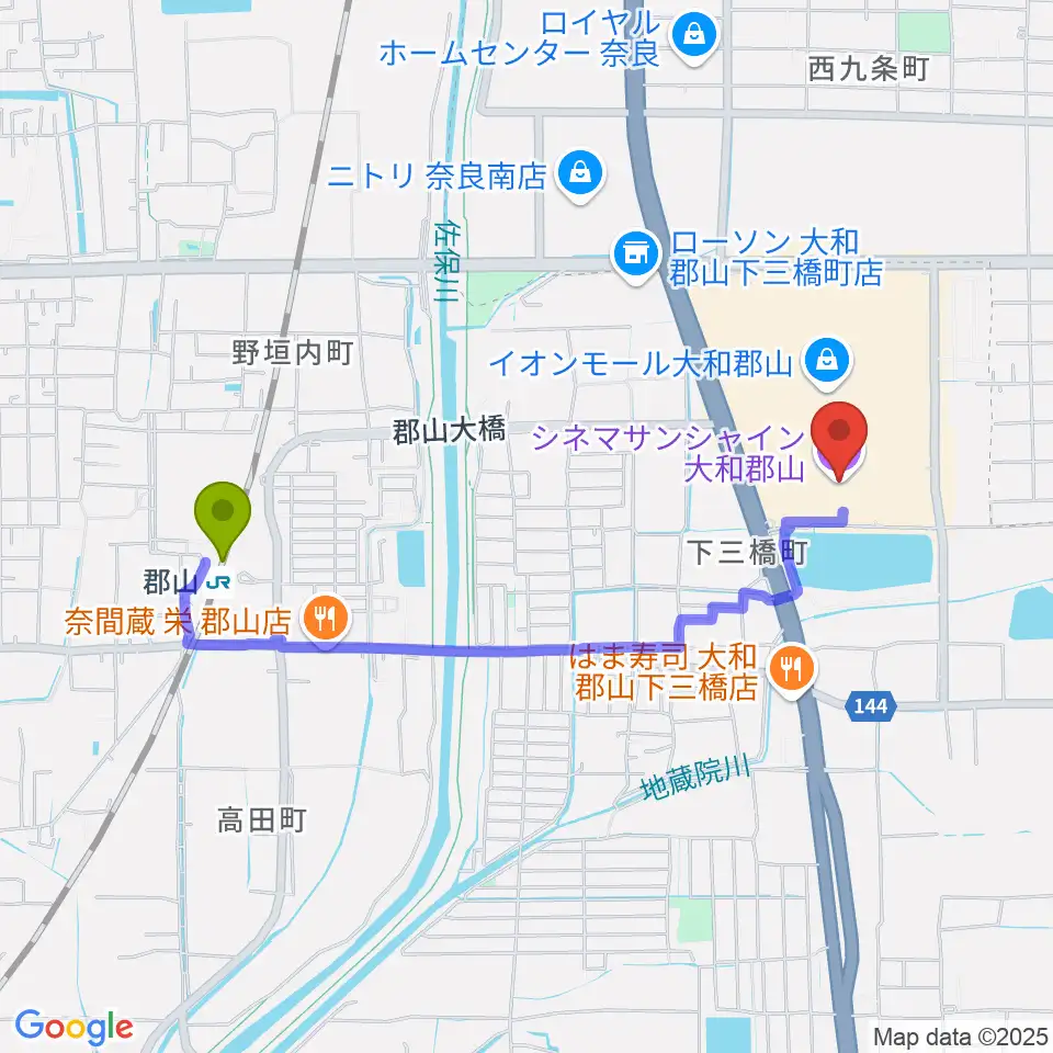 シネマサンシャイン大和郡山の最寄駅郡山駅からの徒歩ルート（約19分）地図