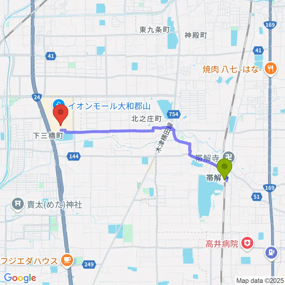 帯解駅からシネマサンシャイン大和郡山へのルートマップ地図