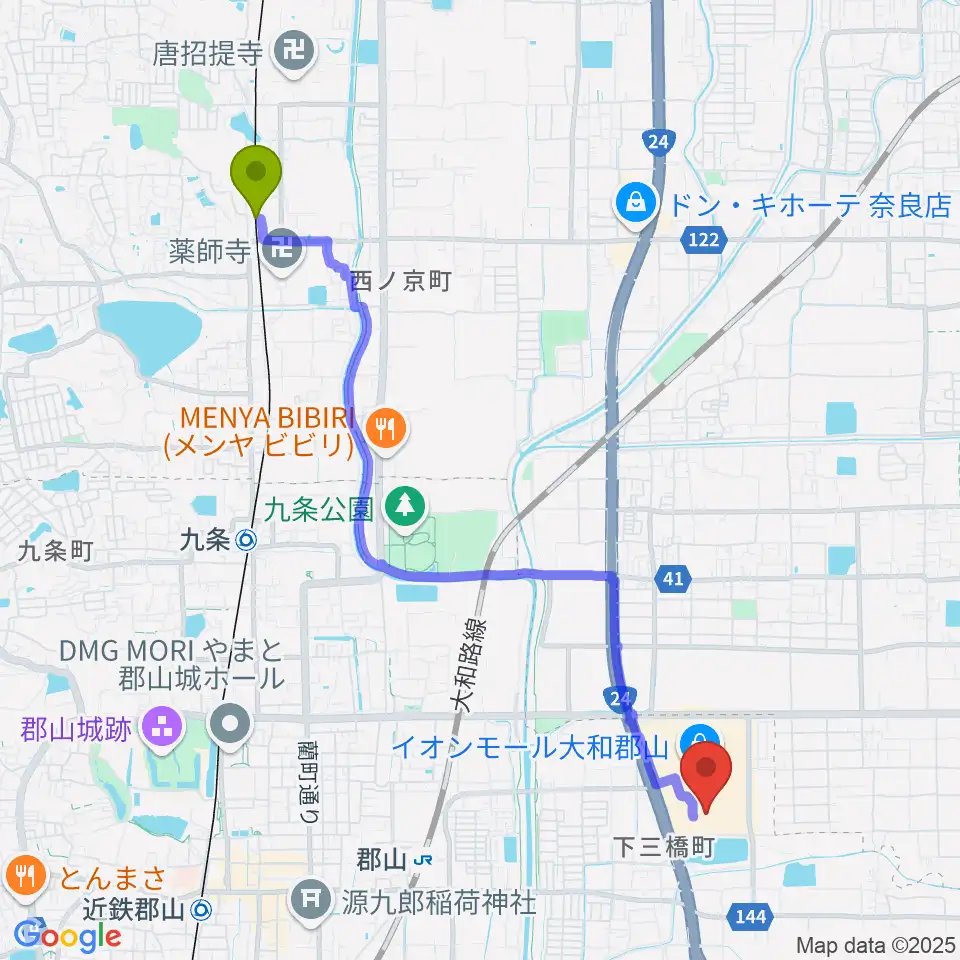 西ノ京駅からシネマサンシャイン大和郡山へのルートマップ地図