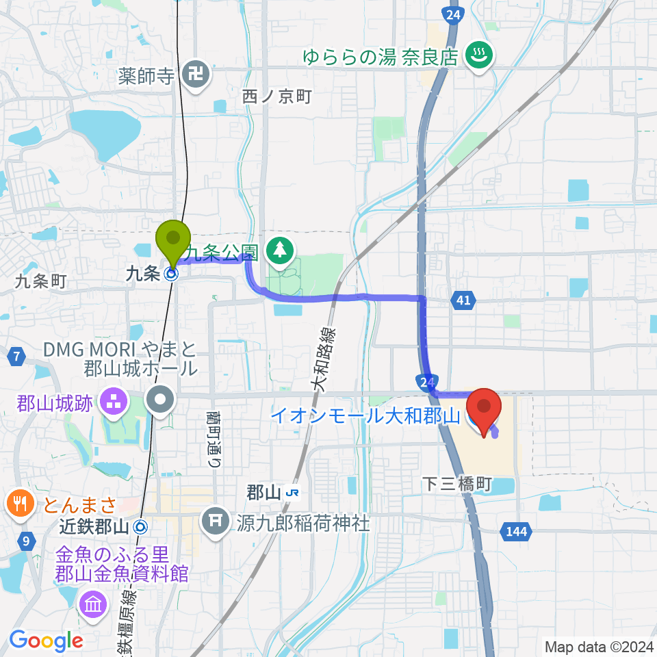 九条駅からシネマサンシャイン大和郡山へのルートマップ地図