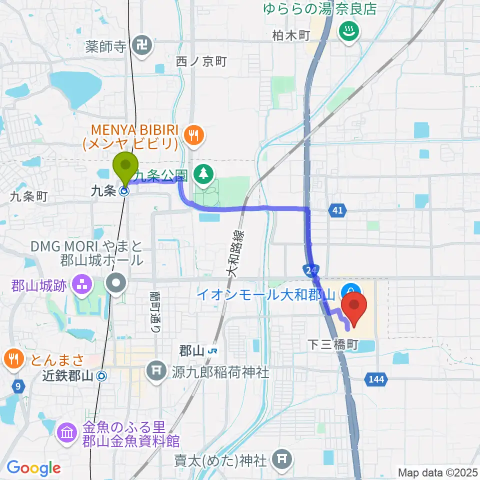 九条駅からシネマサンシャイン大和郡山へのルートマップ地図