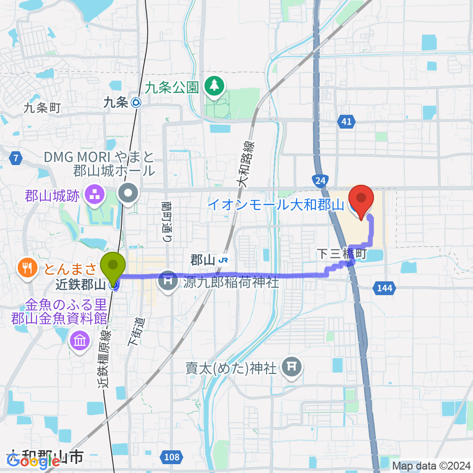 近鉄郡山駅からシネマサンシャイン大和郡山へのルートマップ地図