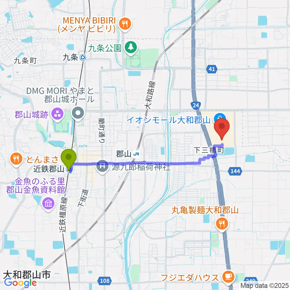 近鉄郡山駅からシネマサンシャイン大和郡山へのルートマップ地図