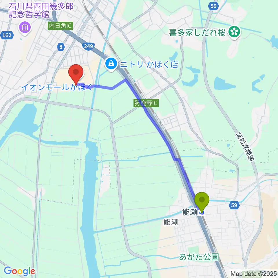 能瀬駅からシネマサンシャインかほくへのルートマップ地図