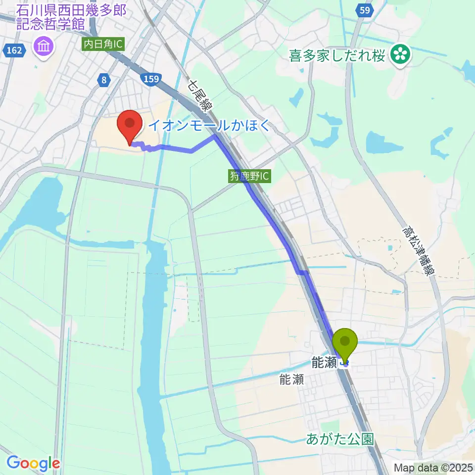 能瀬駅からシネマサンシャインかほくへのルートマップ地図
