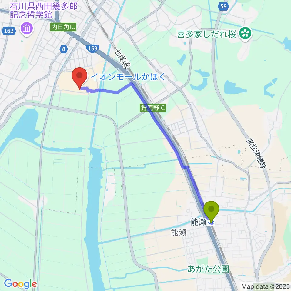 能瀬駅からシネマサンシャインかほくへのルートマップ地図