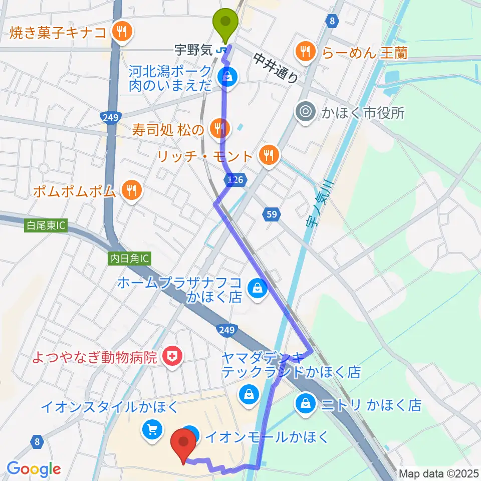 シネマサンシャインかほくの最寄駅宇野気駅からの徒歩ルート（約27分）地図