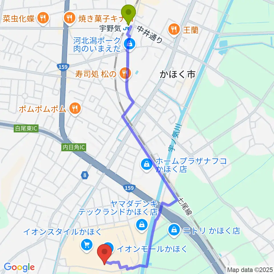 シネマサンシャインかほくの最寄駅宇野気駅からの徒歩ルート（約27分）地図