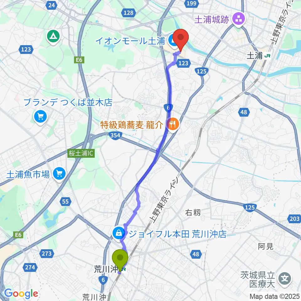 荒川沖駅からシネマサンシャイン土浦へのルートマップ地図